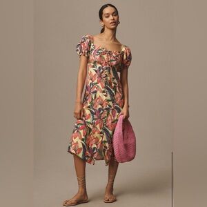 Farm Rio x Anthropologie Floral Puff Sleeve Linen Button Front Midi Dress